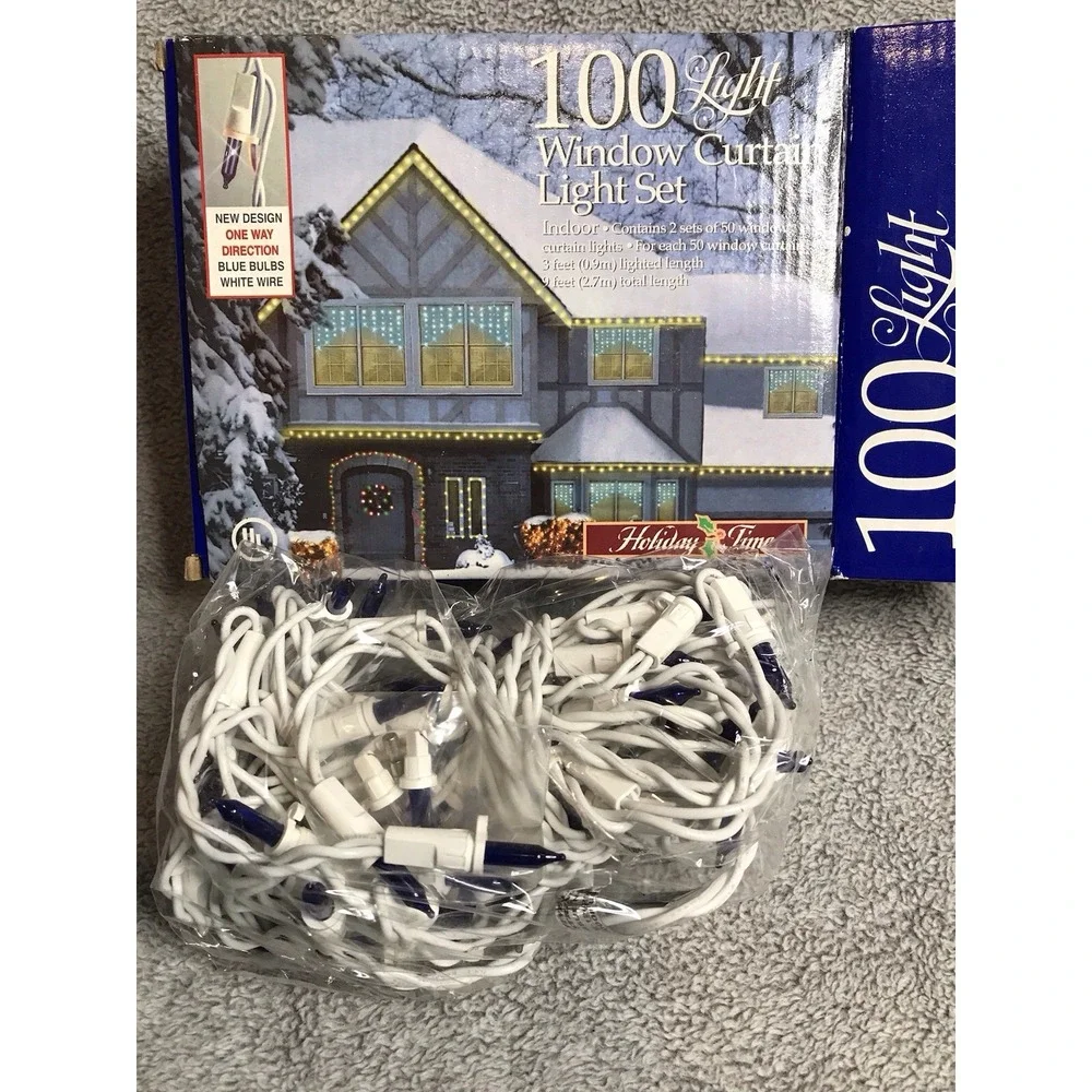 New Window Curtain BLUE 100 Christmas Light Set Indoor Holiday Time 2 Sets Of 50
